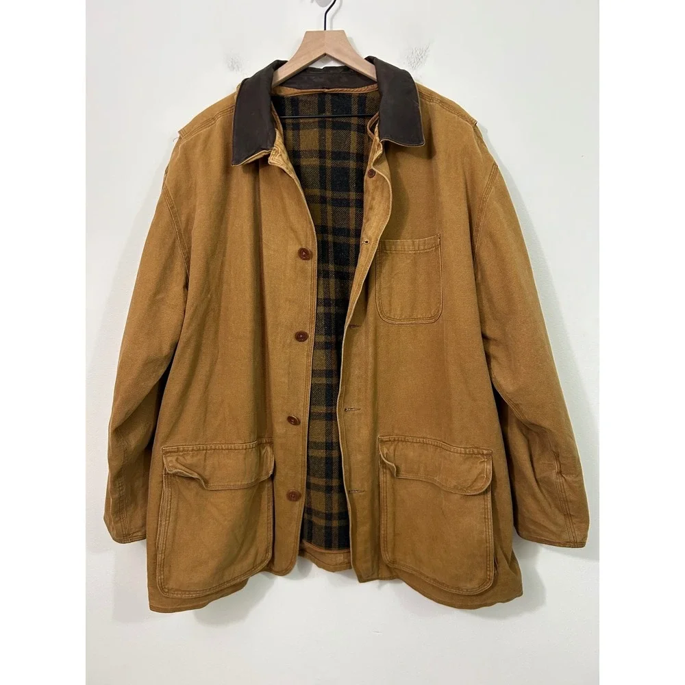 Vintage J. Crew Barn Jacket Mens Large Brown Plaid Lined Field Coat Oarsman - Picture 2 of 16